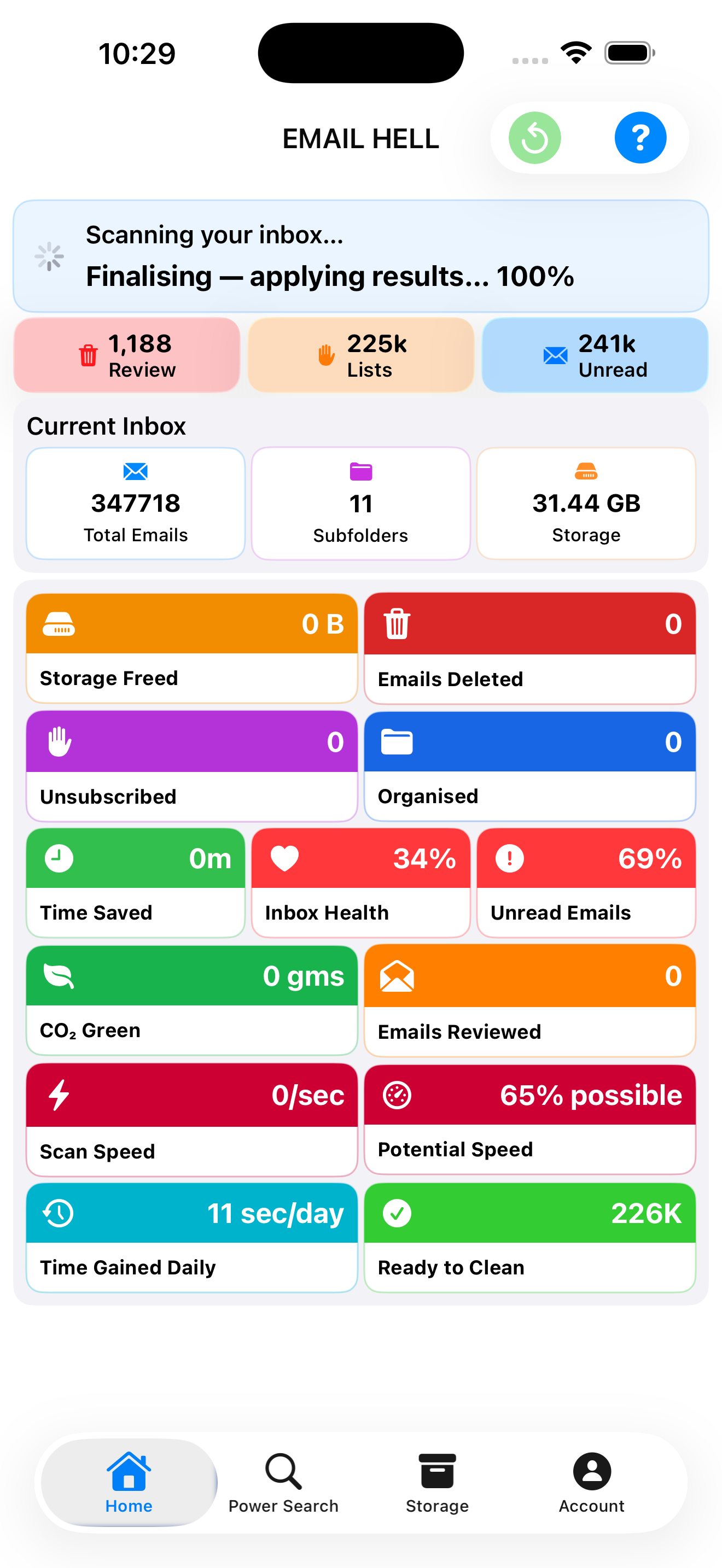 MailBroom dashboard showing inbox health metrics, storage stats, and email cleanup progress