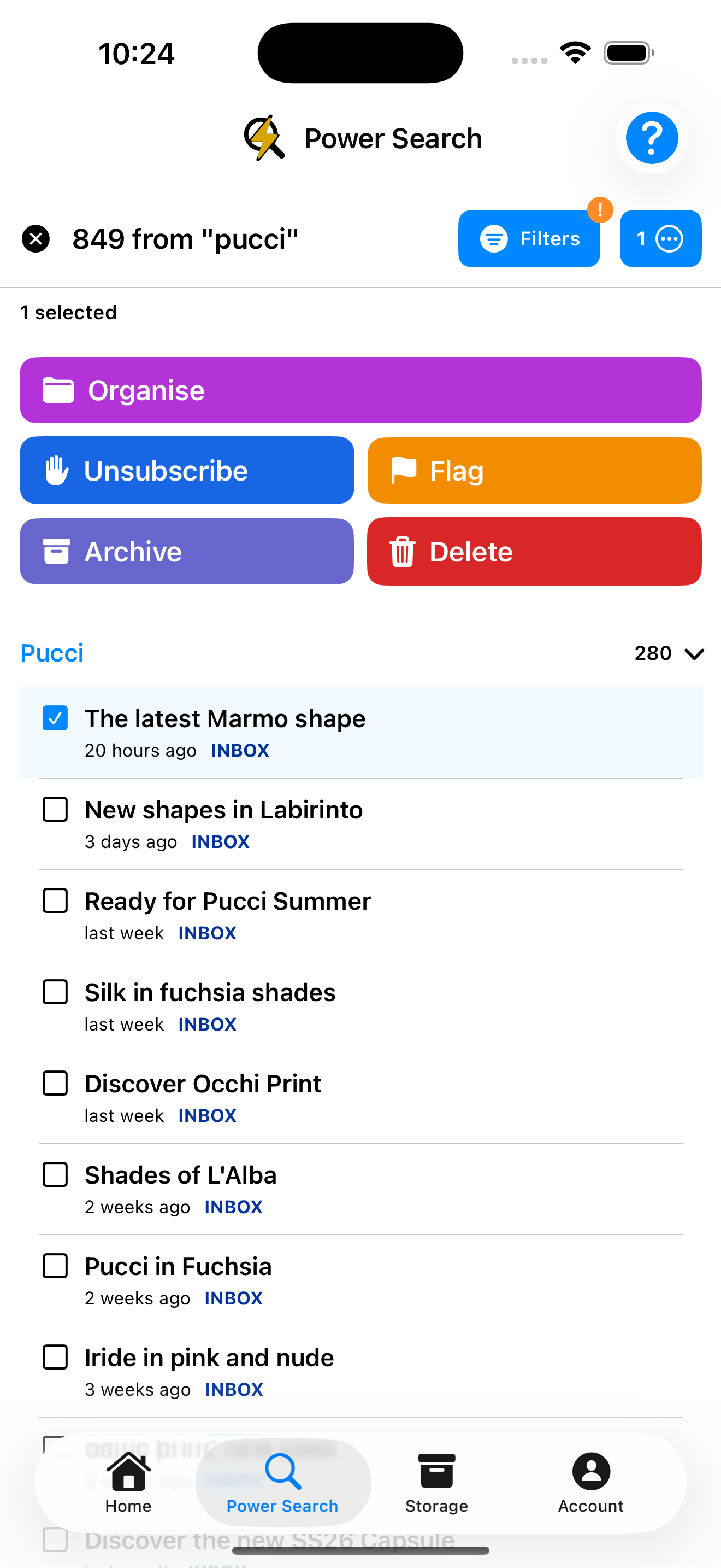 Power Search showing 849 emails from 'pucci' sender with bulk action options including Organise, Unsubscribe, Flag, Archive, and Delete