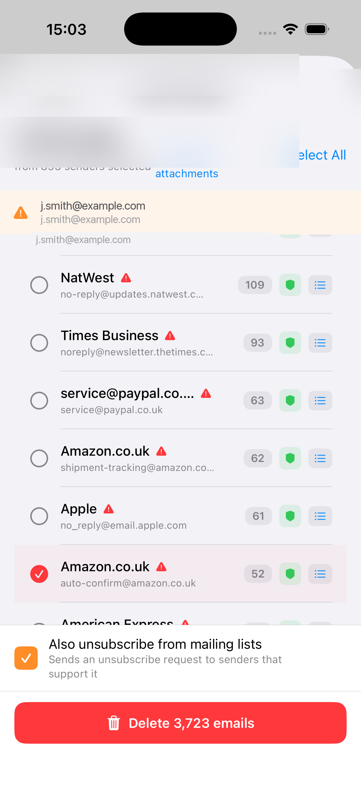 Smart Delete screen showing Times Business emails with receipt warning and quick-keep options