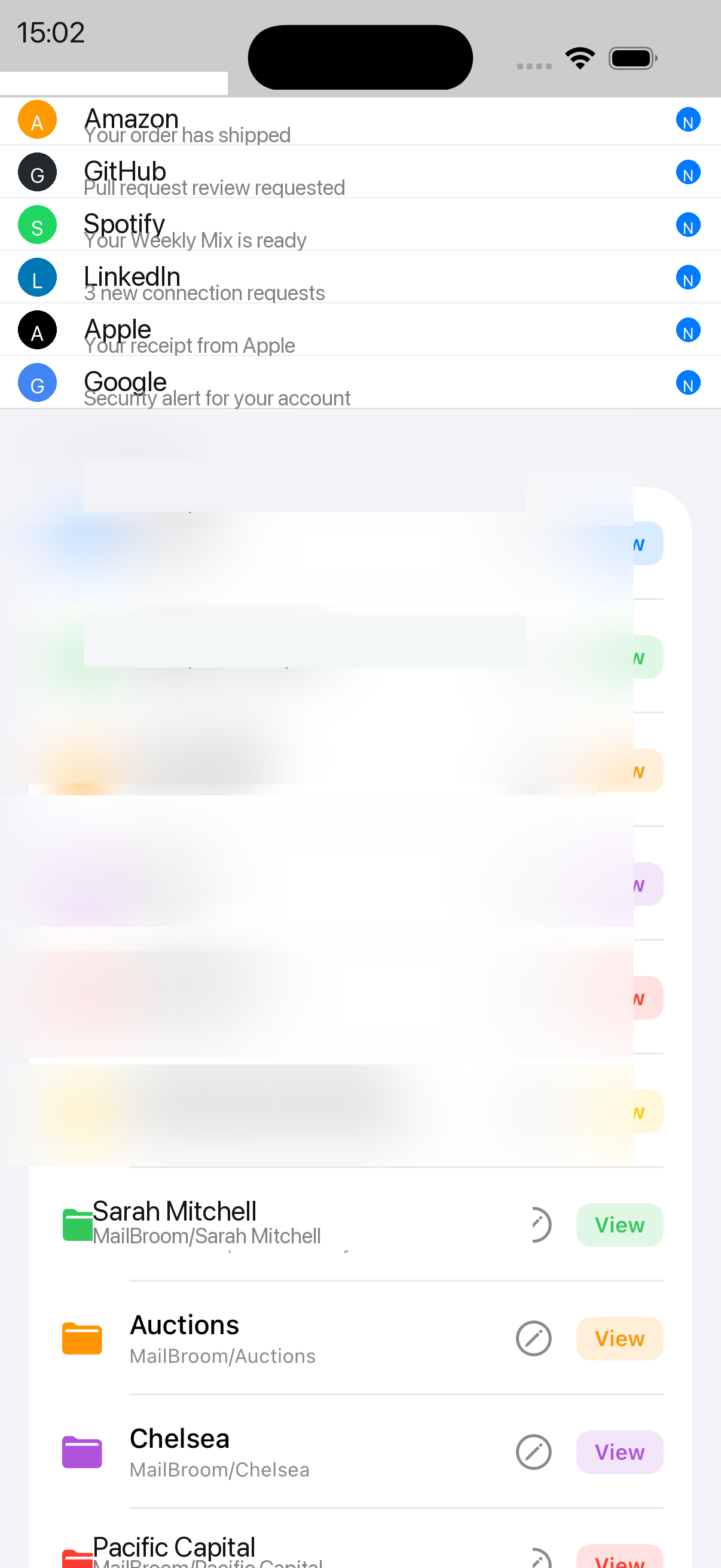 Smart Organise screen showing folder creation and sender filing options