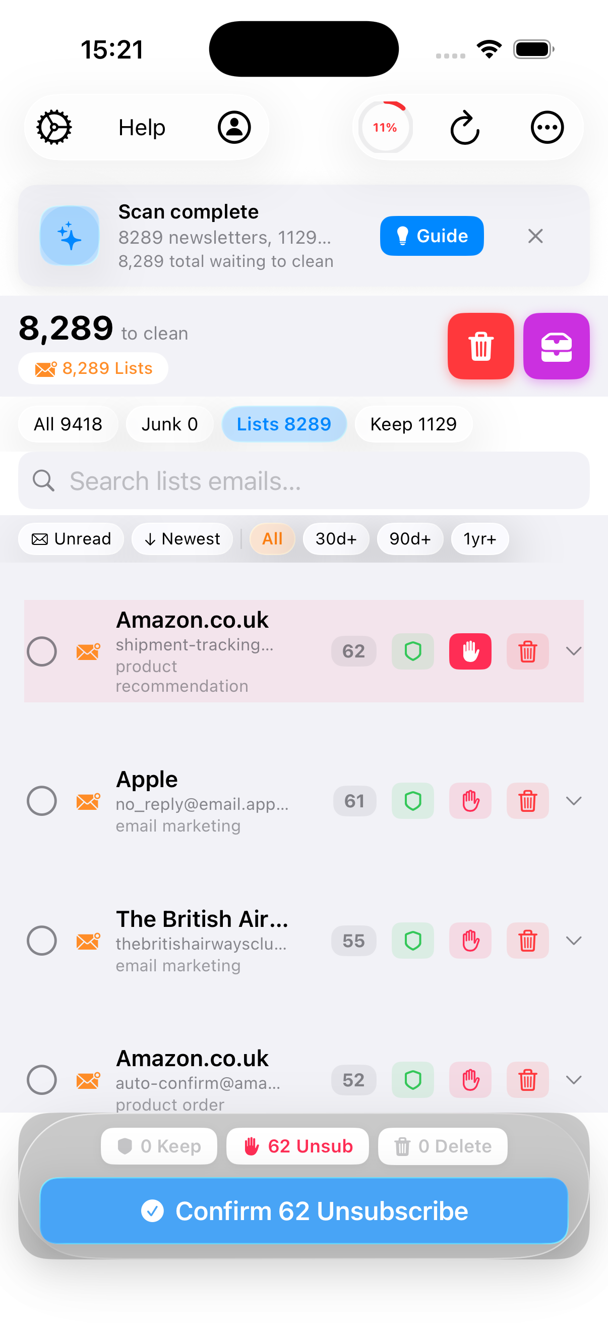 Smart Unsubscribe screen showing unsubscribe requests being sent to multiple senders