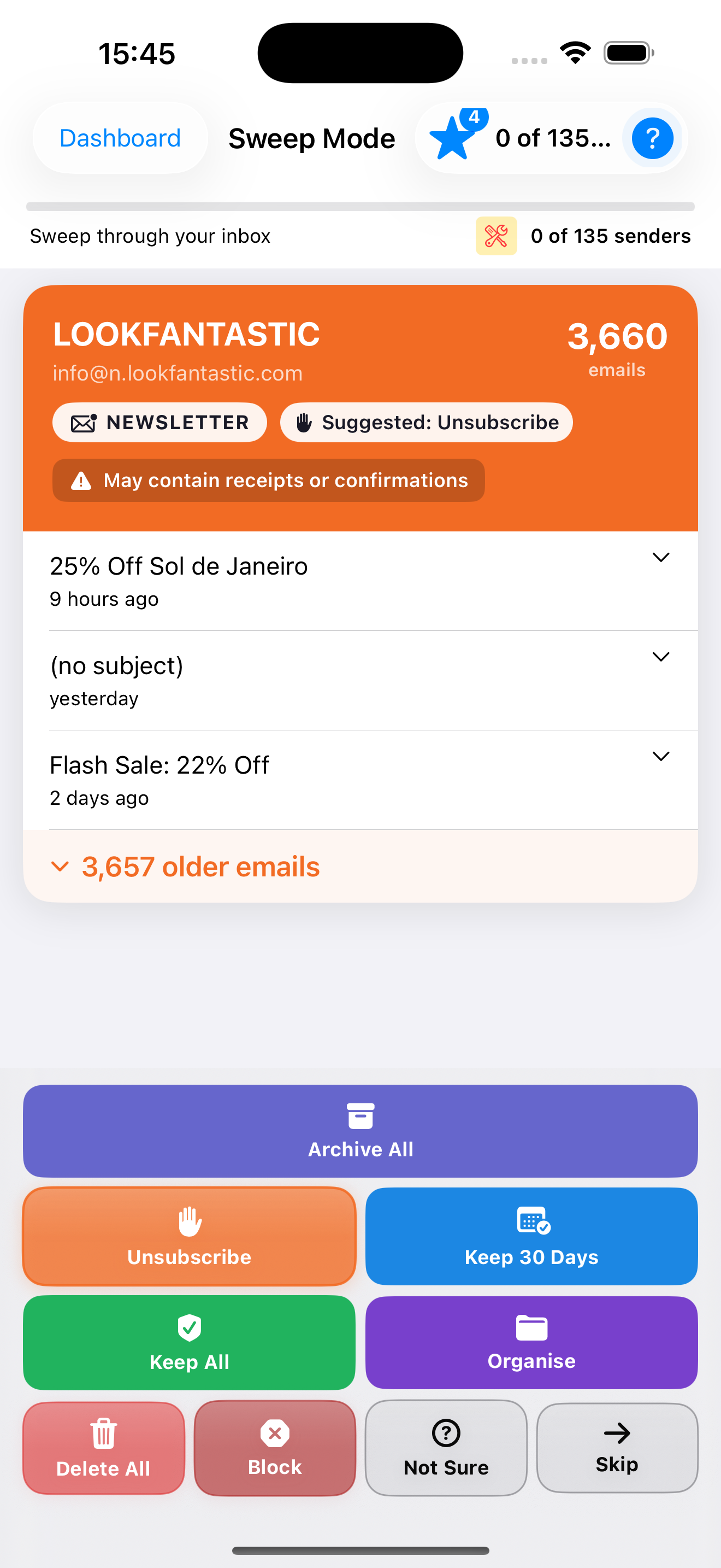 Sweep Mode showing sender card with action options: Delete, Unsubscribe, Keep (with Keep Options), and Organise